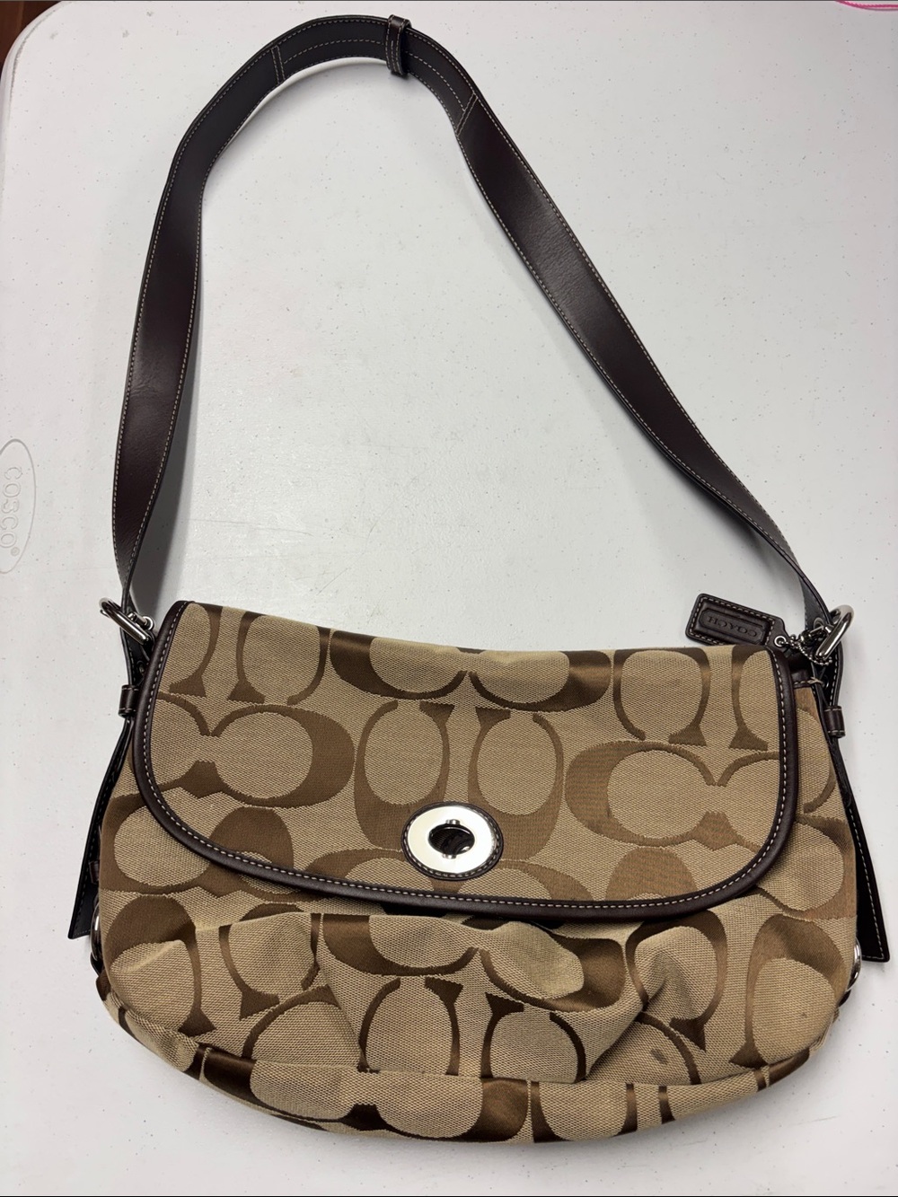 Coach Brown Signature Canvas Shoulder Bag with Dark Brown Trim
